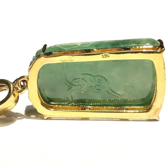 Vtg Signed Gilt 925 Sterling Carved Fish Jade Pendant Emerald Sapphire Ruby - Picture 8 of 12